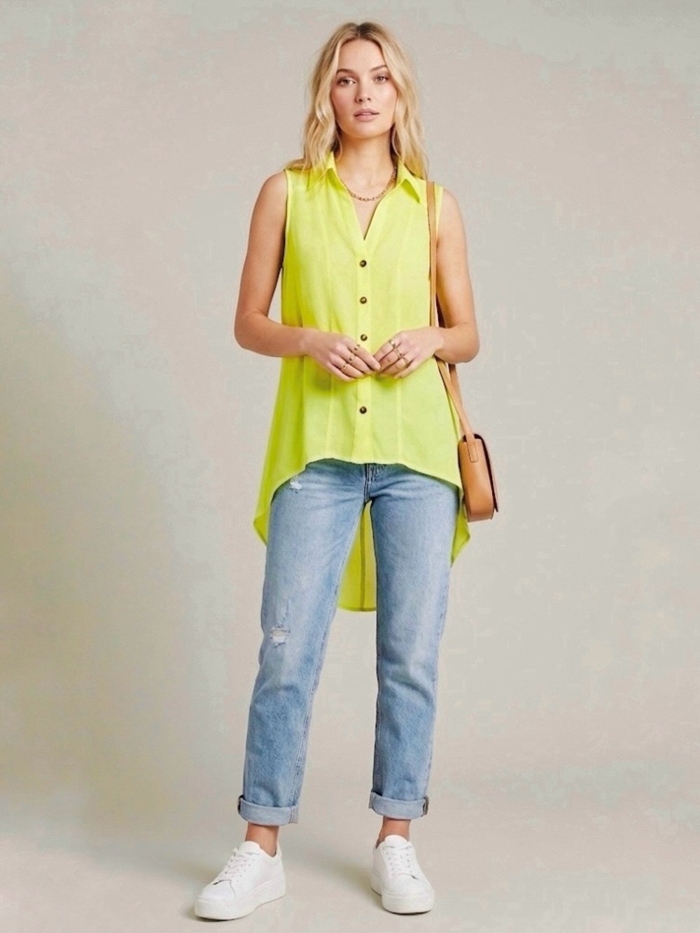LUSH Hi-Low Yellow Neon Sleeveless Button Down Blouse Top, sz. S